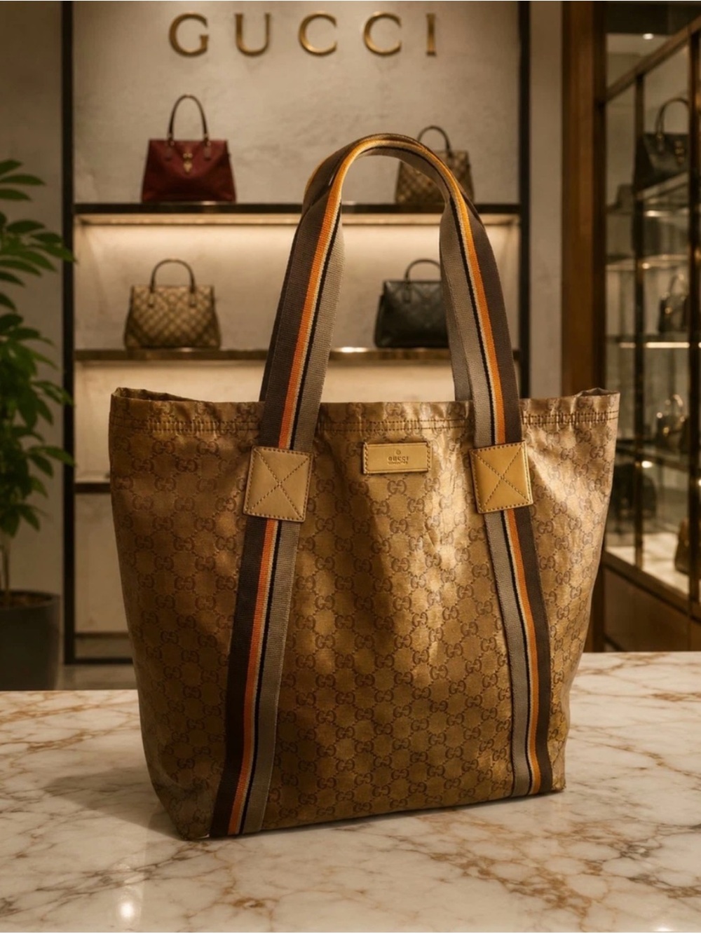 GUCCI Vintage Crystal Coated Canvas GG Logo Web Tote Bag